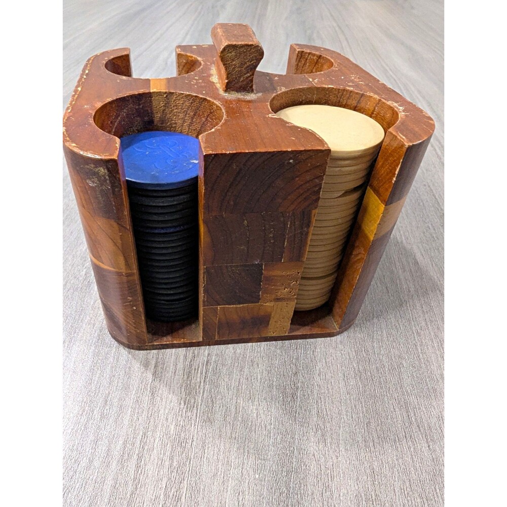 Vintage Wooden Poker Chip Caddy Tray Rack Holder, 4 Compartments, Handle, Chips